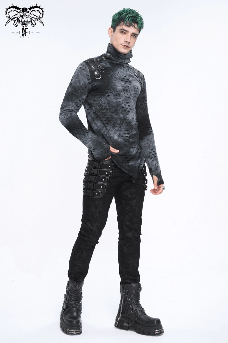 Additional styling view of gothic buckled strap slim-fit trousers highlighting fabric texture and leather elements