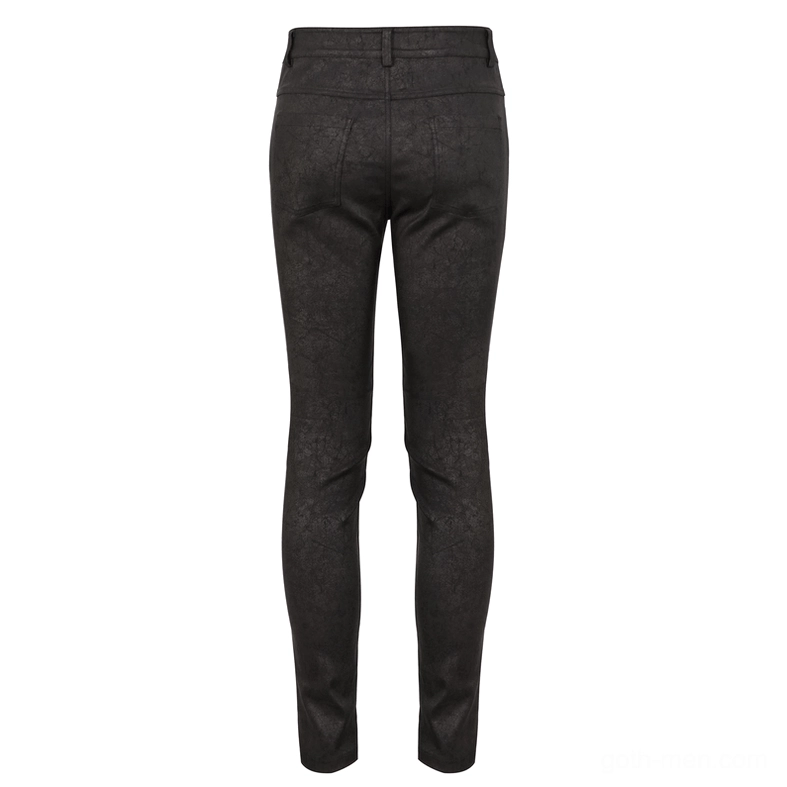 Rear view gothic slim fit pants standard back pockets cracked black fabric