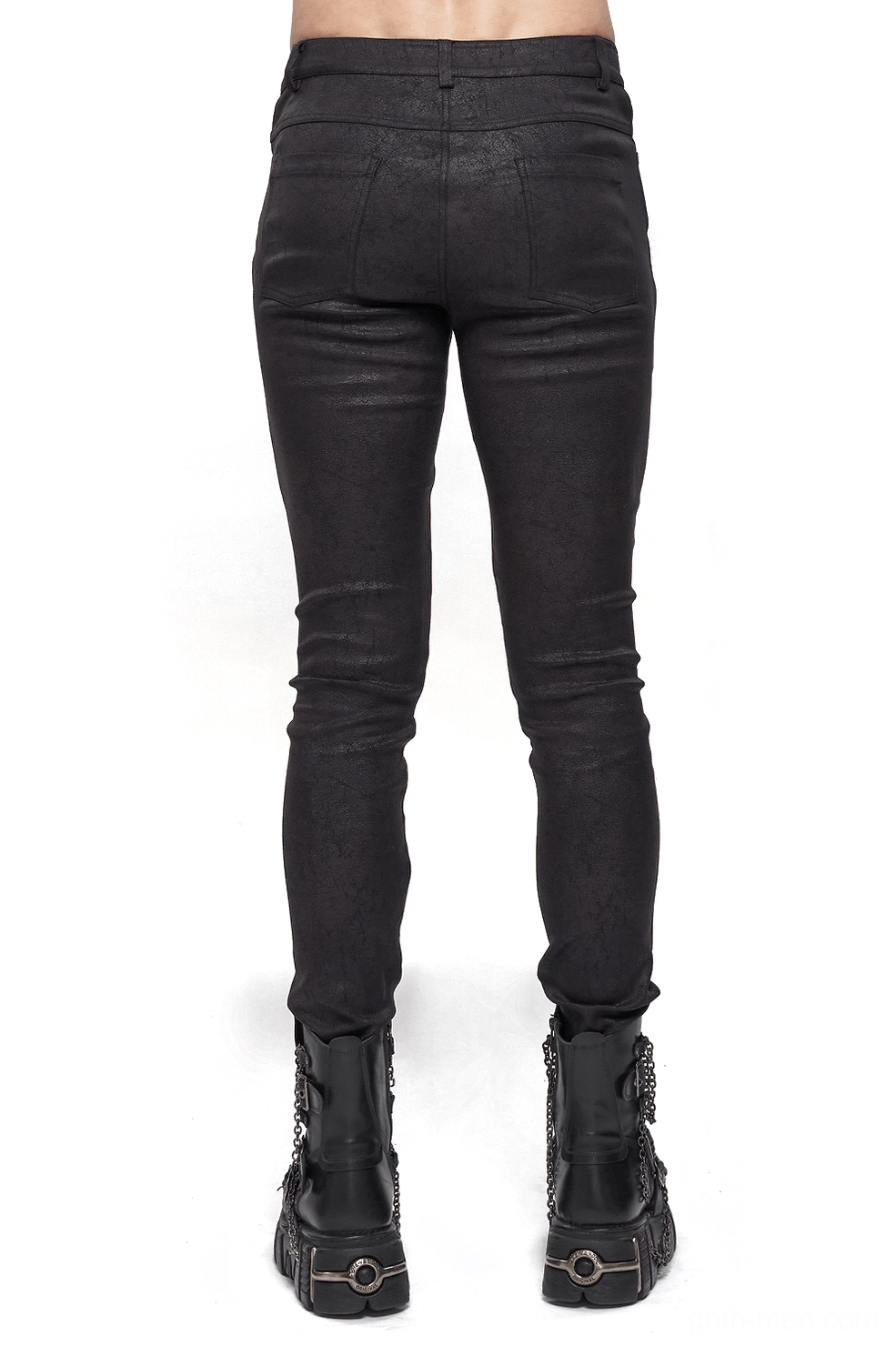 Black gothic slim fit pants rear full view with cracked texture distressed fabric