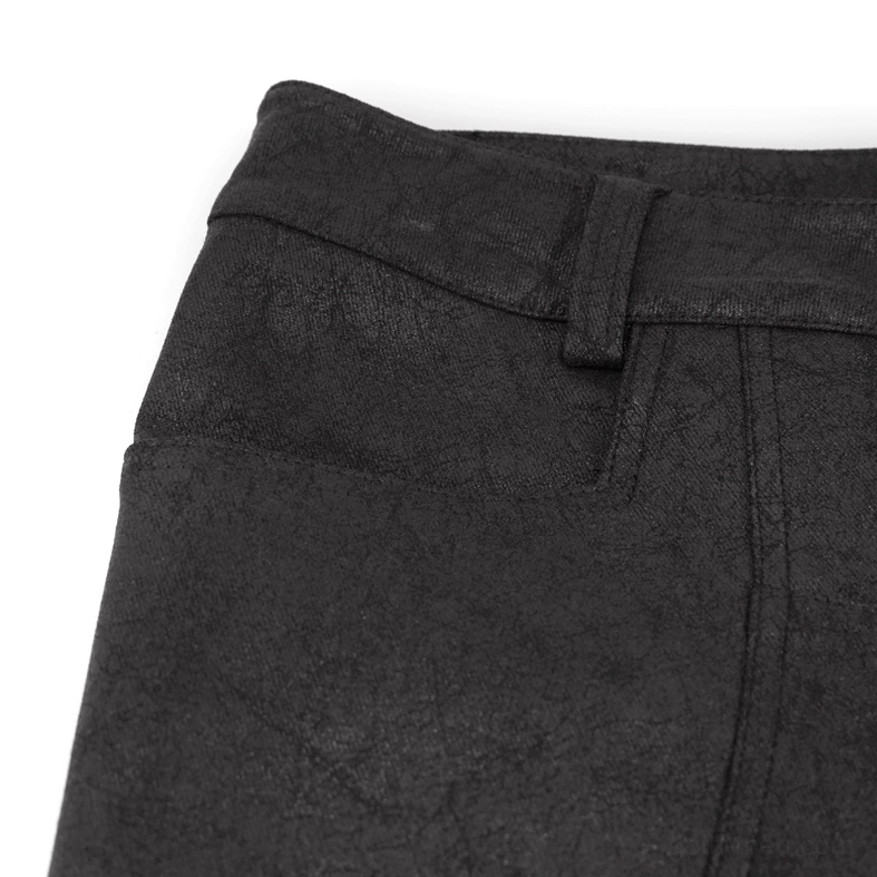Side waist close-up belt loops pocket cracked black fabric gothic slim pants