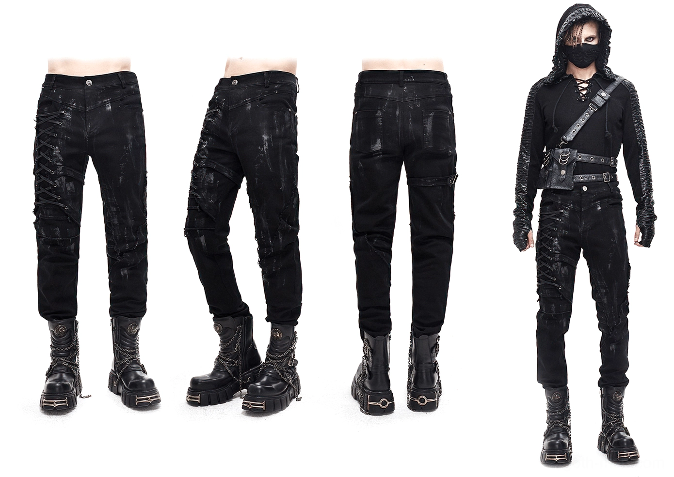 Alternative view of black slim-fit gothic trousers emphasizing the right leg lace-up feature