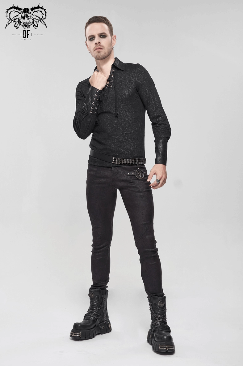 Gothic slim fit black pants pentagram charm leg opening fit close-up view