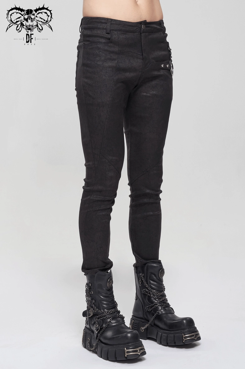 Gothic black slim pants pentagram metal accent fabric texture close inspection