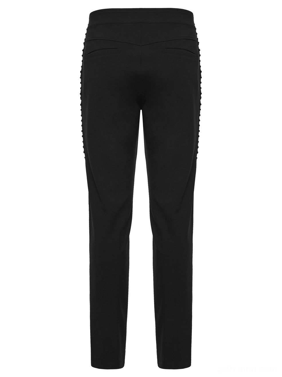 Rear flat lay of gothic black slim pants showing high-waist waistband and smooth back pocket construction