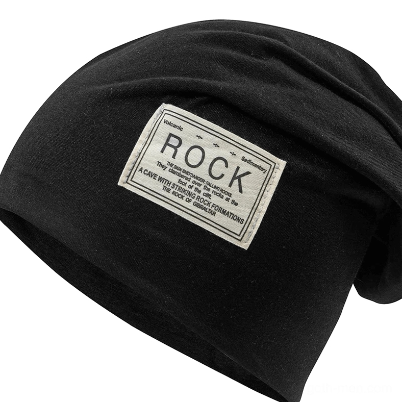 Close-up detail black gothic slouch beanie embroidered patch texture