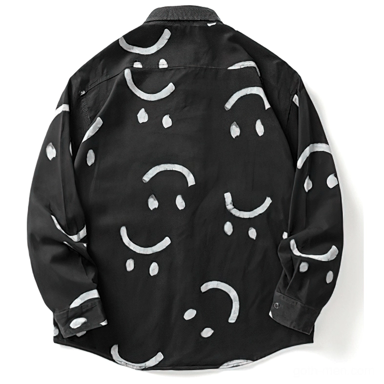 Black gothic smiley print shirt back view, white graffiti smile faces, relaxed long sleeves and loose fit construction