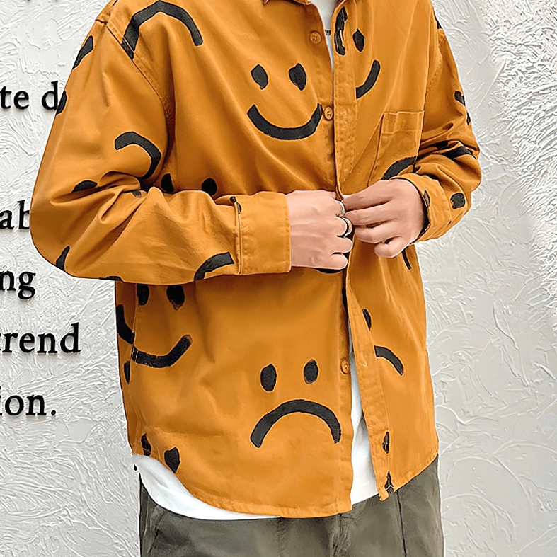 Black gothic smiley shirt side view, white print coverage, oversized relaxed fit silhouette and construction quality