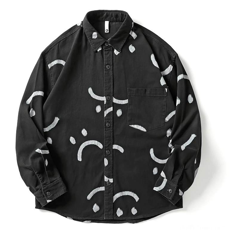 Black gothic smiley print shirt front flat lay, white inverted smile graffiti design, studio product photography