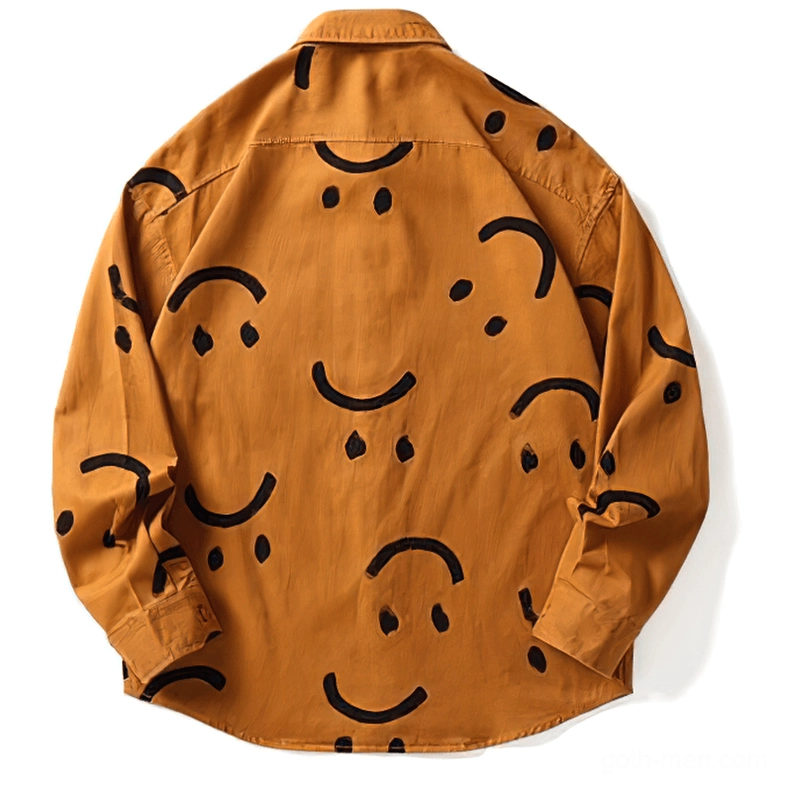 Back view of burnt orange gothic smiley shirt, black smiley prints full coverage, relaxed curved hemline, oversized fit silhouette