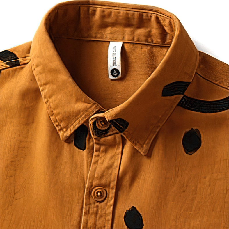 Burnt orange gothic smiley shirt side profile, black graffiti smile design, loose oversized fit and drape
