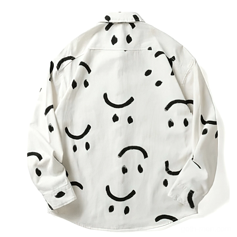 White gothic smiley print shirt back view, black hand-drawn smile print, long loose sleeves and oversized silhouette