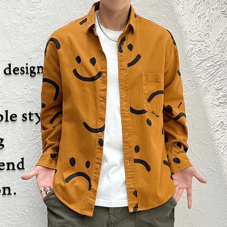 Detail shot of white gothic smiley print shirt, chest pocket and button front closure, high-quality cotton broadcloth fabric