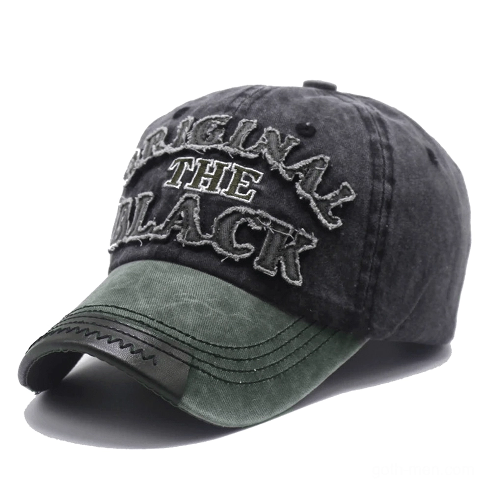 Army green and black washed gothic baseball cap with embroidered letter accent and tactical edge styling