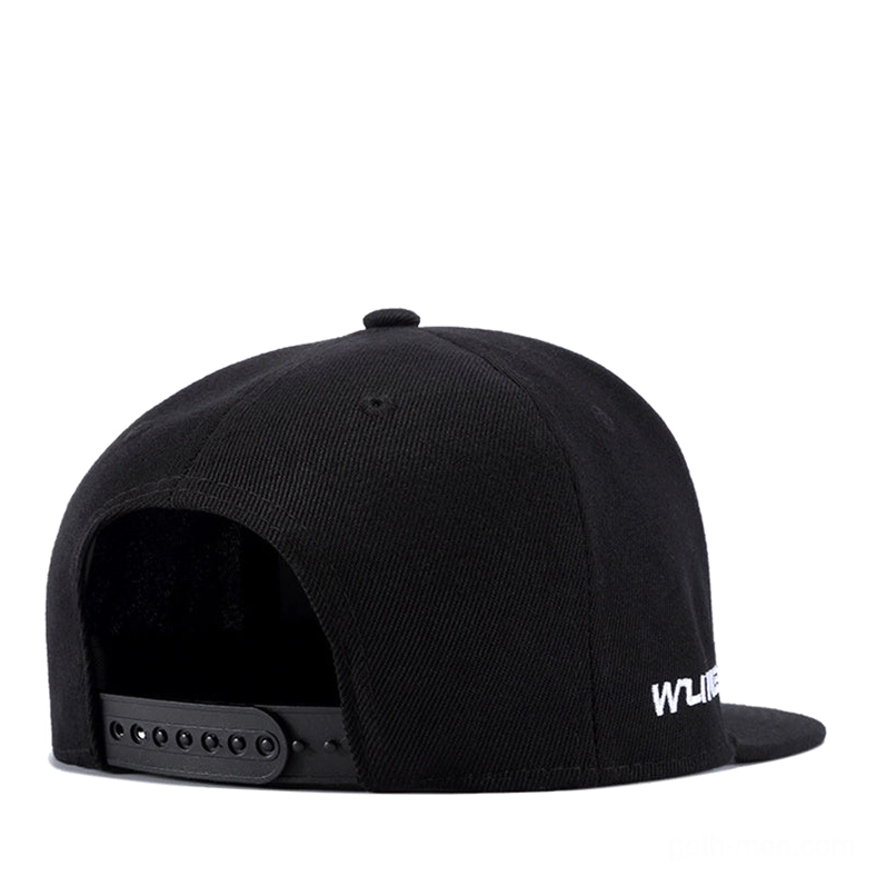 Black gothic snapback cap rear view with adjustable snap buckle closure and back logo