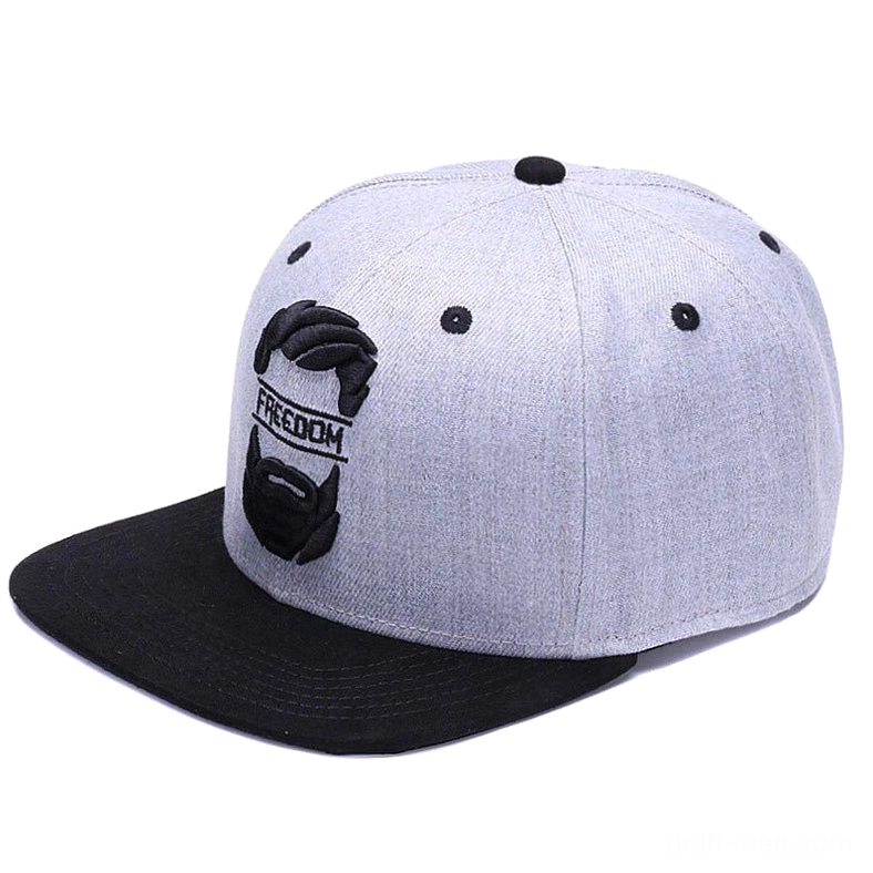Embroidered mustache gothic snapback cap front three-quarter view showing 3D embroidered FREEDOM text and beard design on grey crown with black brim