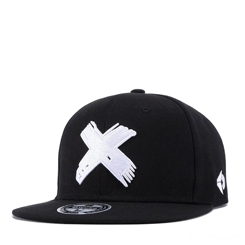 Gothic snapback baseball cap black and white X embroidery, flat brim right three-quarter angle