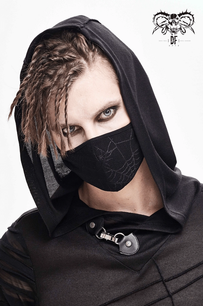 Black gothic spiderweb mask showing adjustable ear strap system and sizing options for universal fit
