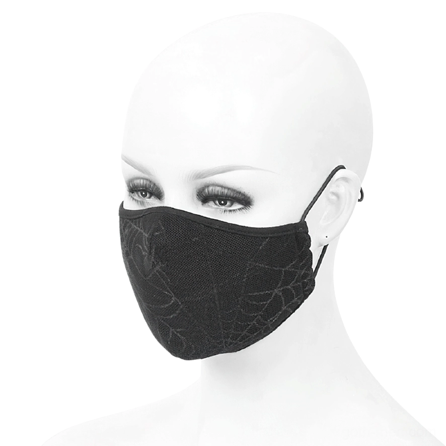 Black spiderweb gothic mask on mannequin head, right side profile view showcasing fitted texture