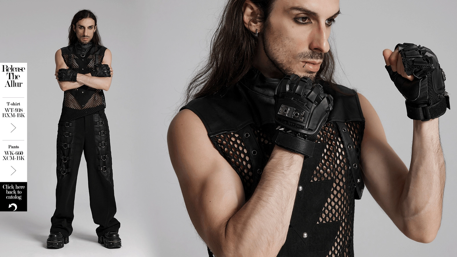 Front display view of black gothic spiked fingerless gloves with hard shell knuckle protection and metal accents
