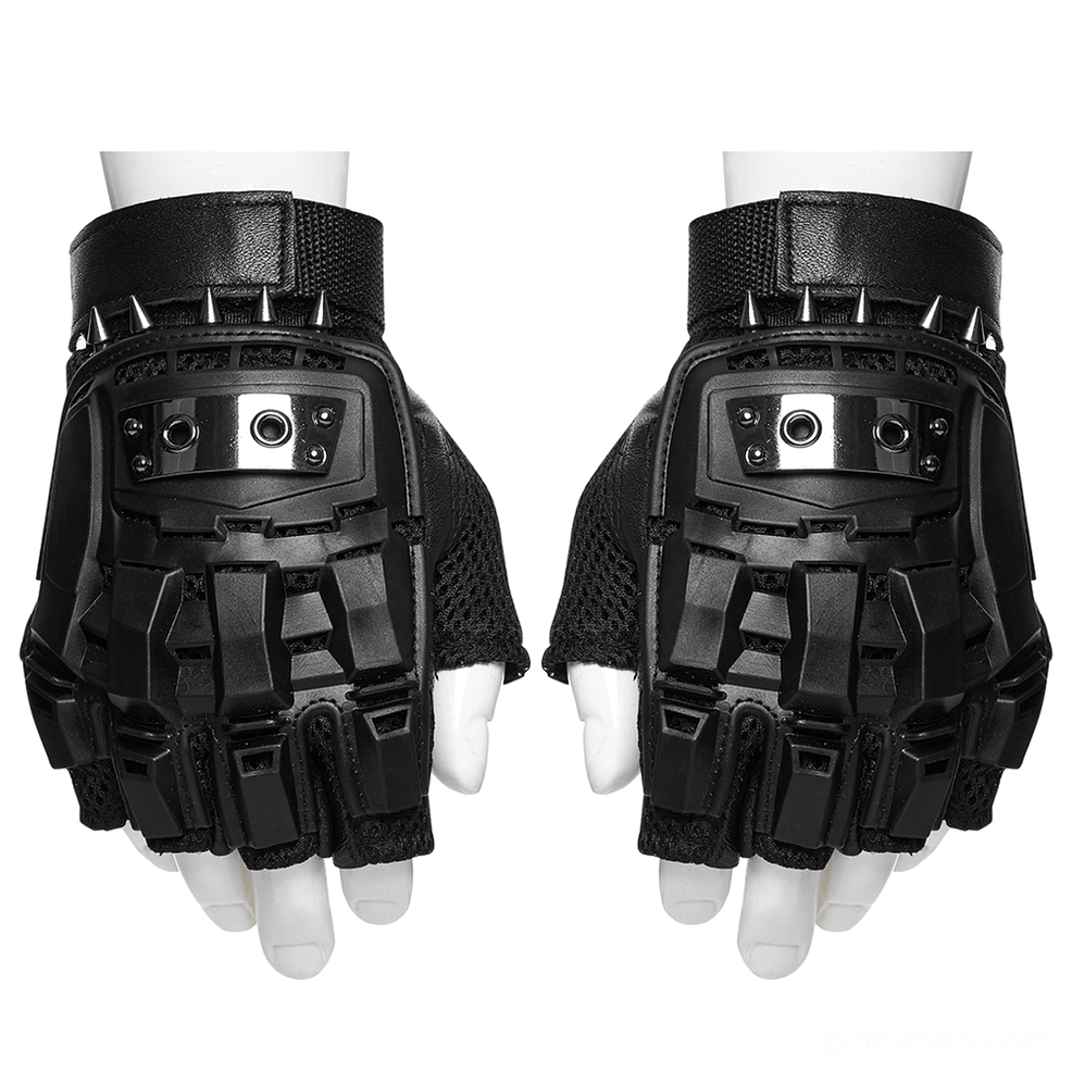 Flat display of black gothic spiked fingerless gloves pair, showing wrist spikes and metal hardware details