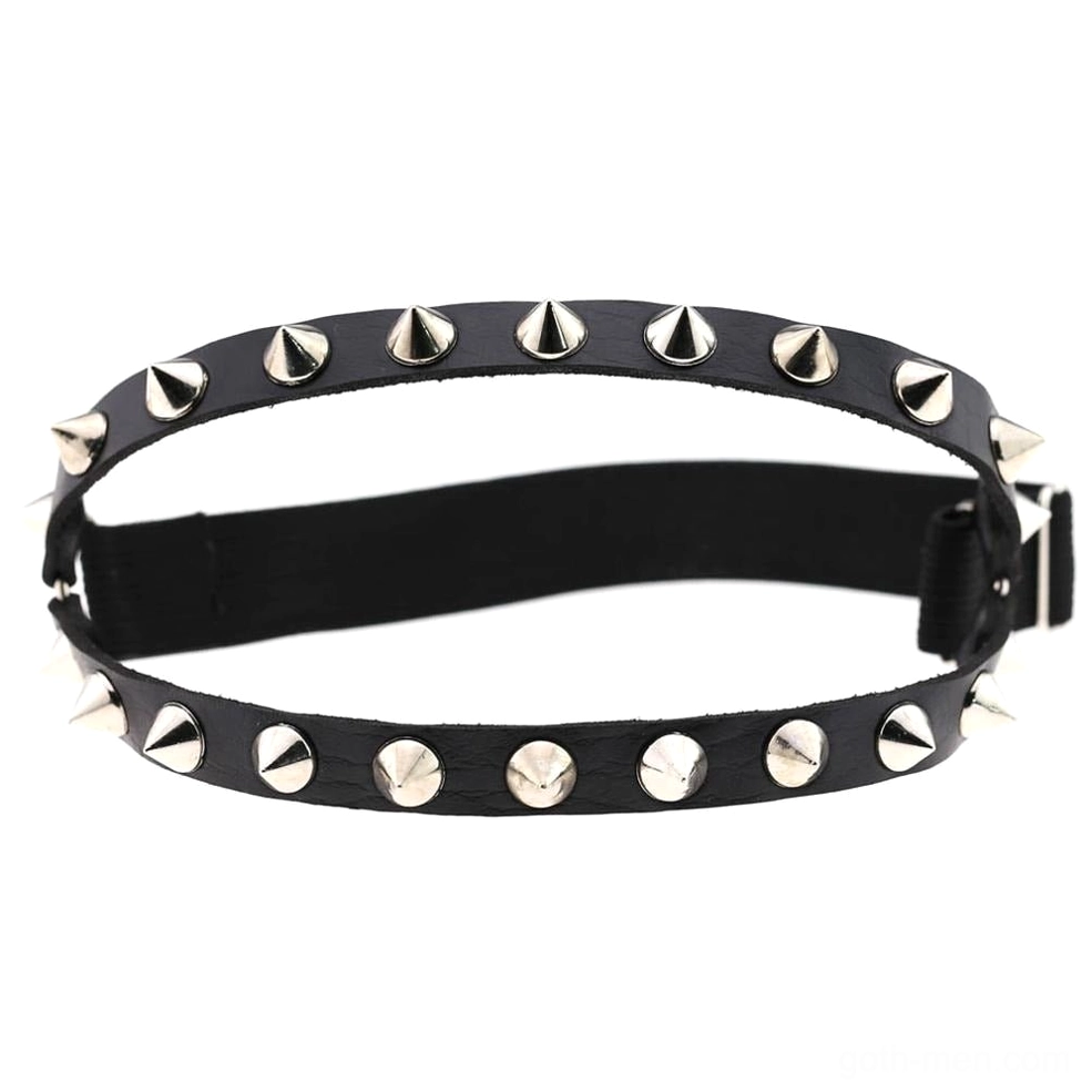 Single black leather gothic knee garter with silver metal studs and adjustable buckle, front flat lay studio view