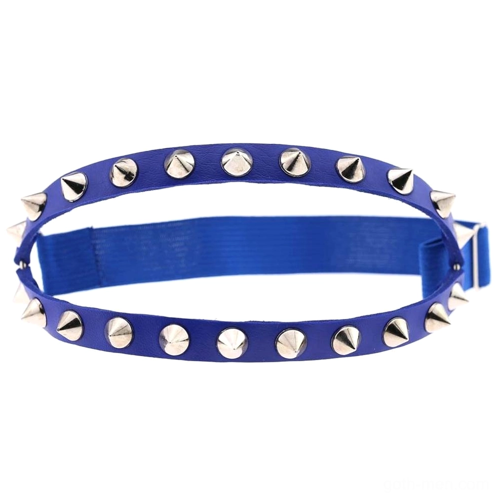 Blue leather spiked knee garter with silver cone studs and elastic adjustable strap, studio product photography