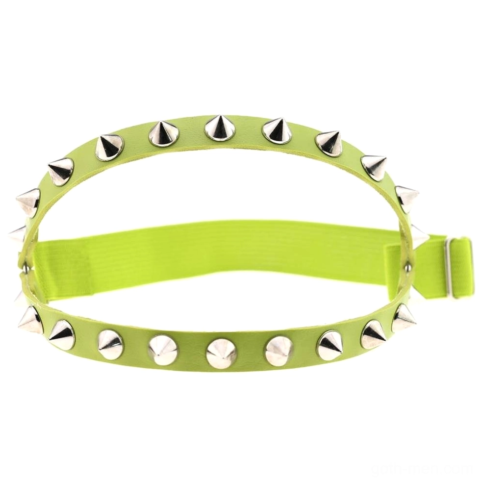 Neon green spiked knee garter with silver metal studs and adjustable buckle, bold gothic cyberpunk aesthetic