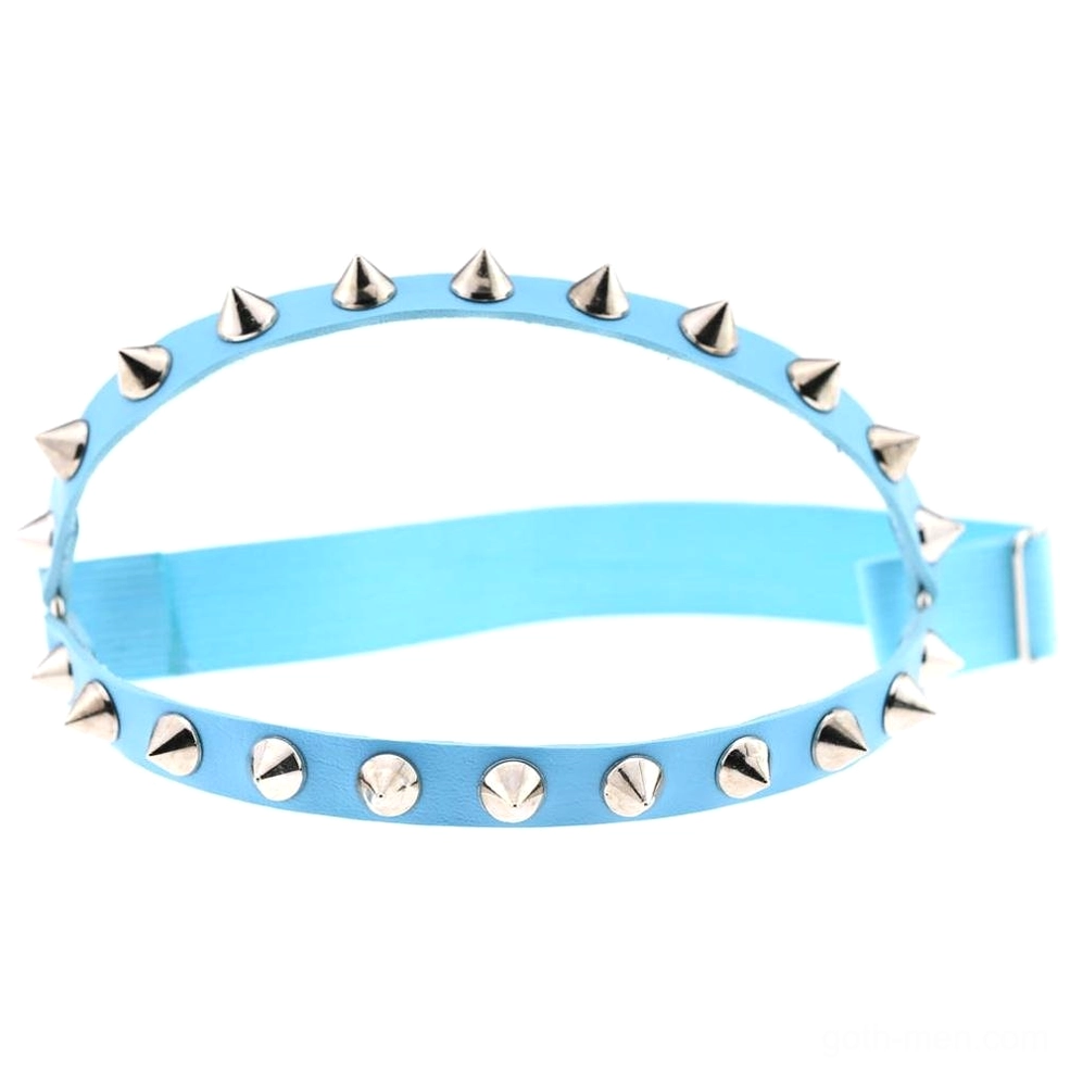 Light blue spiked knee garter with silver cone studs and adjustable strap, modern gothic styling option