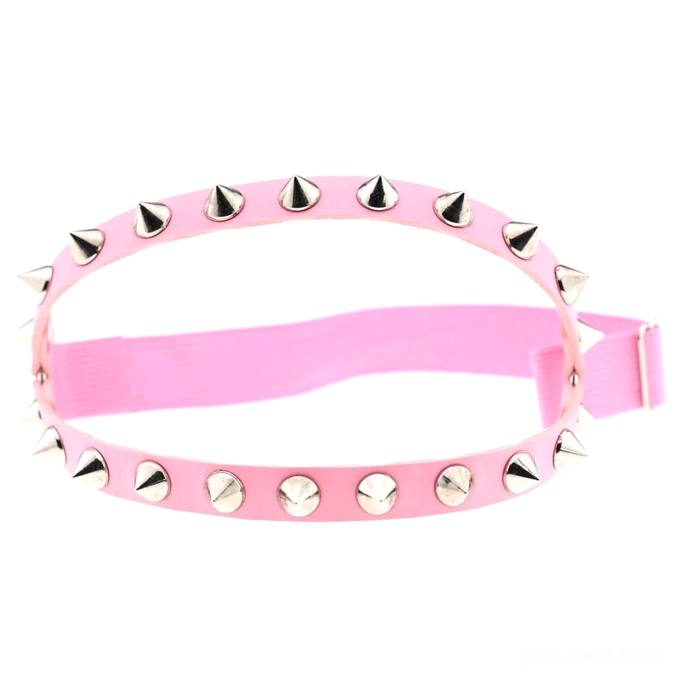 Pink spiked knee garter with silver metal studs and adjustable closure, alternative goth aesthetic variant