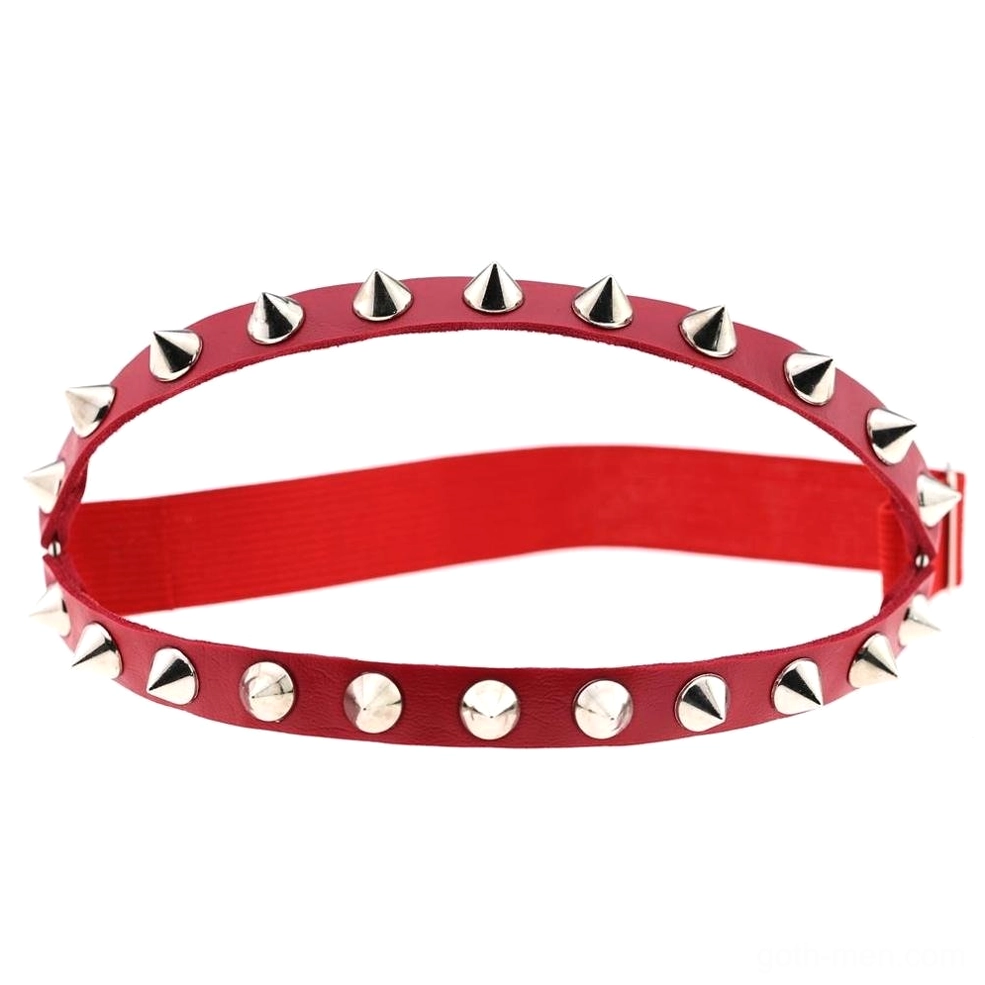 Crimson red spiked knee garter with silver metal studs and adjustable closure, bold gothic aesthetic