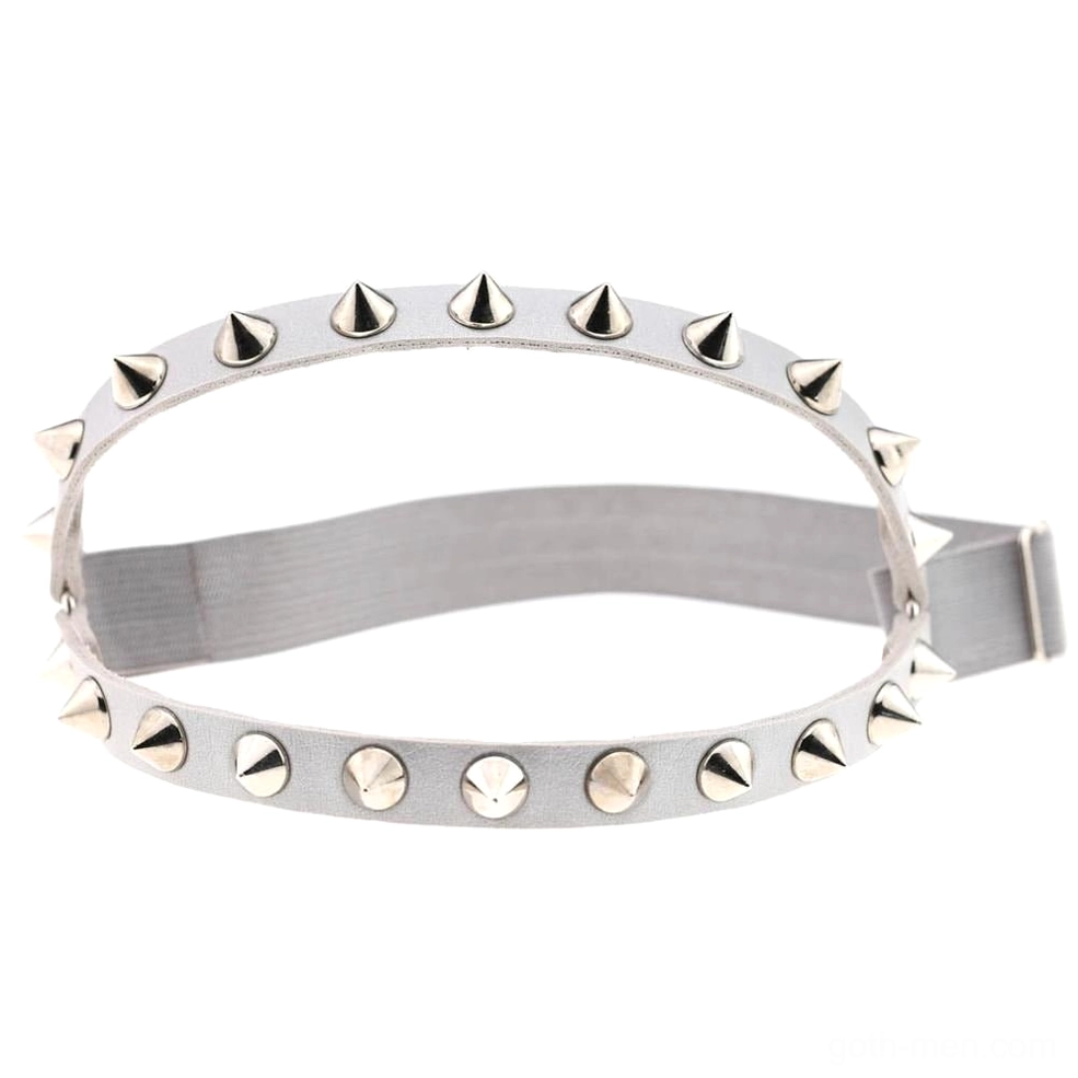 Silver metallic spiked knee garter with industrial cone studs and adjustable buckle, futuristic gothic look
