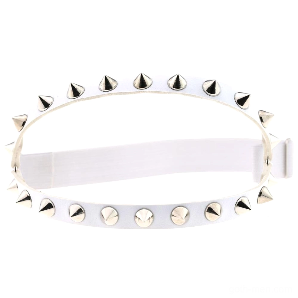 White leather gothic knee garter with silver cone studs and adjustable buckle, clean industrial aesthetic