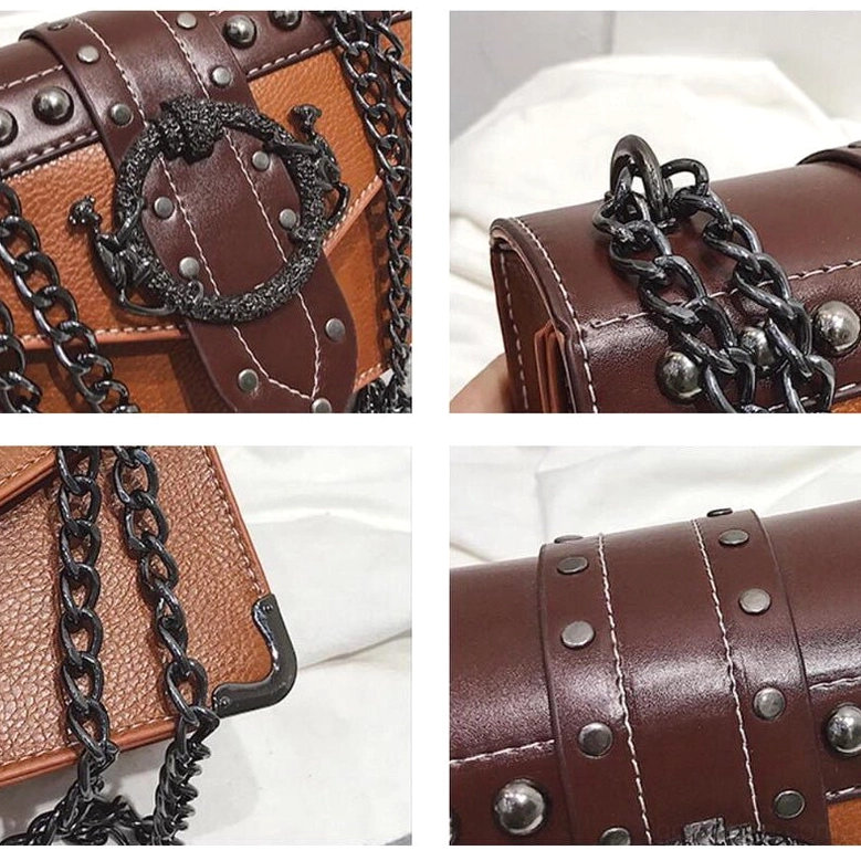 Gothic square shoulder bag metal chain attachment and hardware detail with skull rivet accent