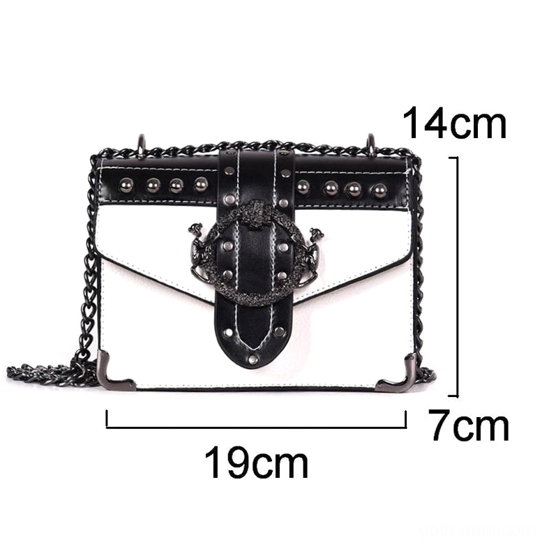 Gothic square shoulder bag size dimensions 19x14x7cm with white and black colorway flat lay
