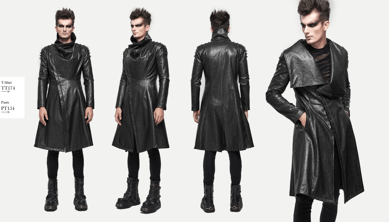 Model wearing gothic stand collar coat with alternative dark aesthetic styling, paired with complementary goth accessories and black boots