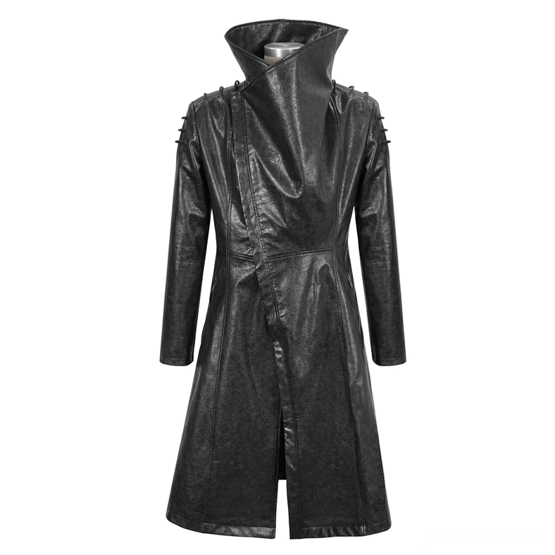 Display mannequin wearing black gothic leather coat with high stand collar and asymmetrical wrap front, frontal view