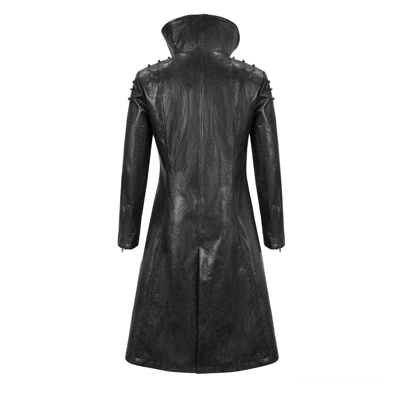 Display mannequin wearing black gothic trench coat from rear view, highlighting back central split hem and spiked shoulder decorations