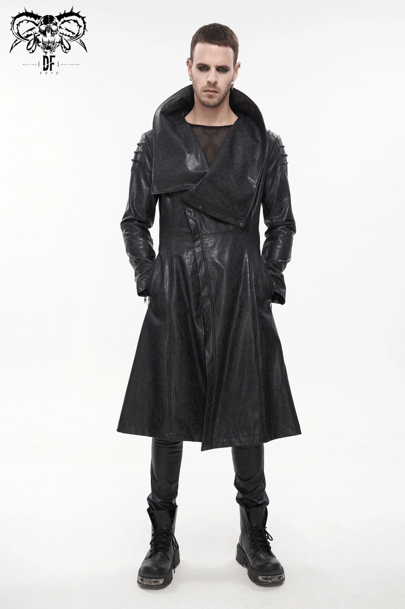 Model wearing gothic stand collar coat with casual styling, demonstrating versatility of the black faux leather trench coat in everyday wear