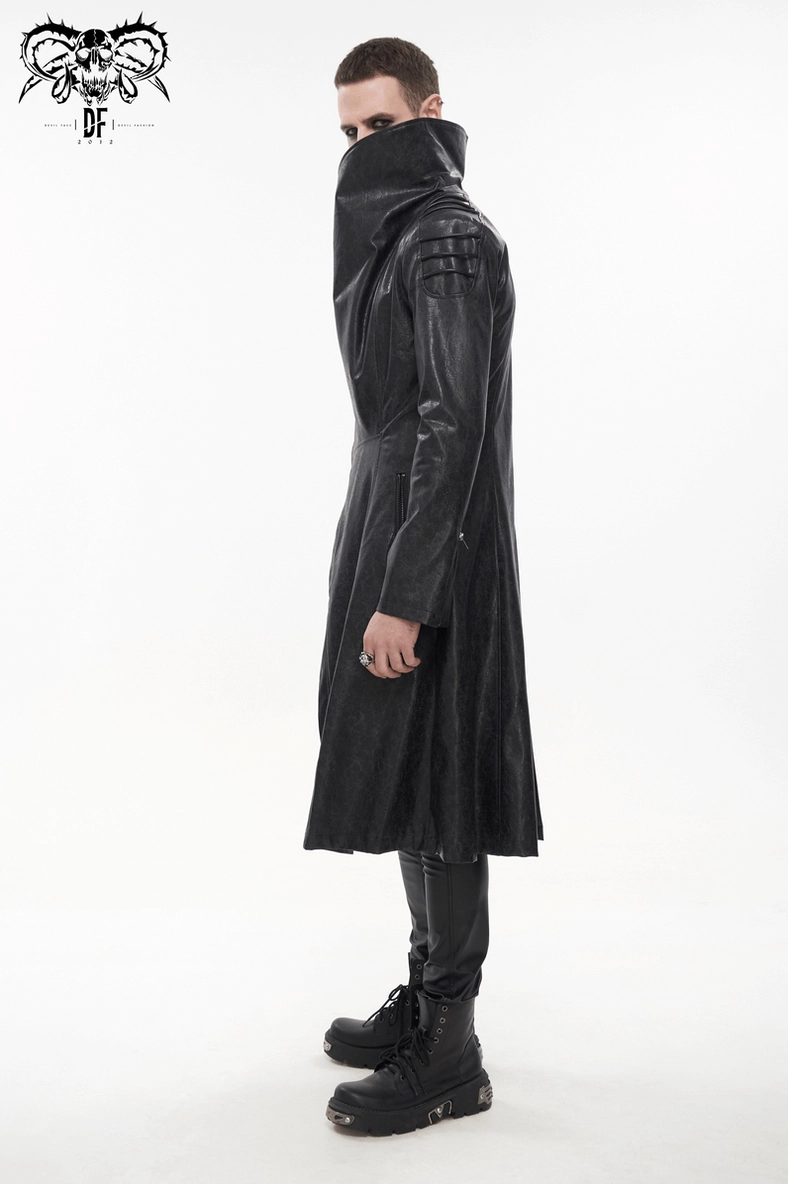 Model demonstrating how to wear gothic stand collar trench coat over layered clothing, showing versatility and layering potential