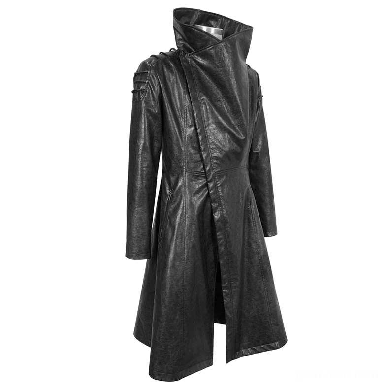 Display mannequin wearing gothic coat right front view, showcasing black worn faux leather texture and high fold-over stand collar detail