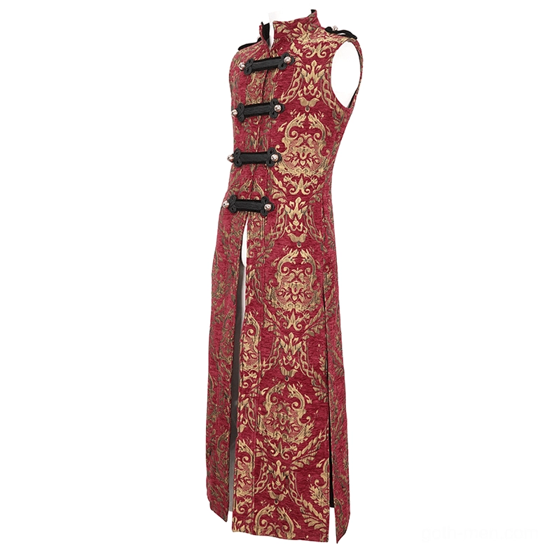 Men's gothic stand collar coat side profile displaying central front split, long silhouette, and gold jacquard textile texture in wine red