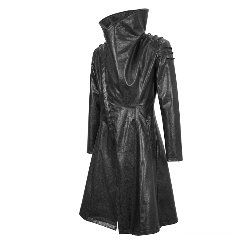 Display mannequin wearing distressed black leather gothic coat, left front three-quarter view showing asymmetrical closure design