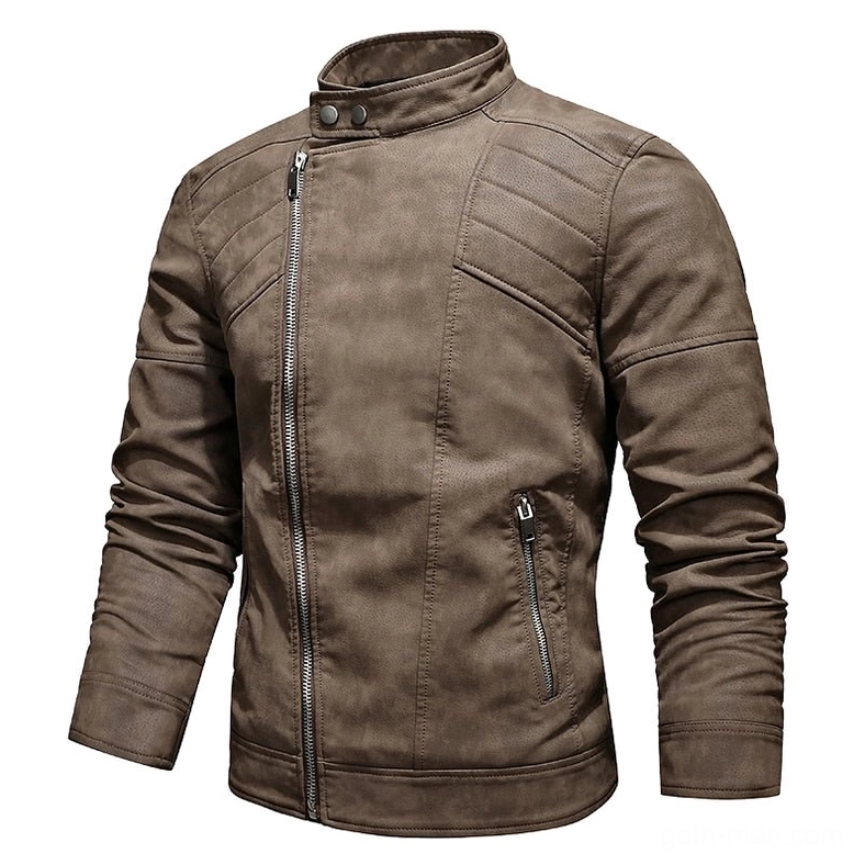 Gothic stand collar faux leather fleece motorcycle jacket men's styling look