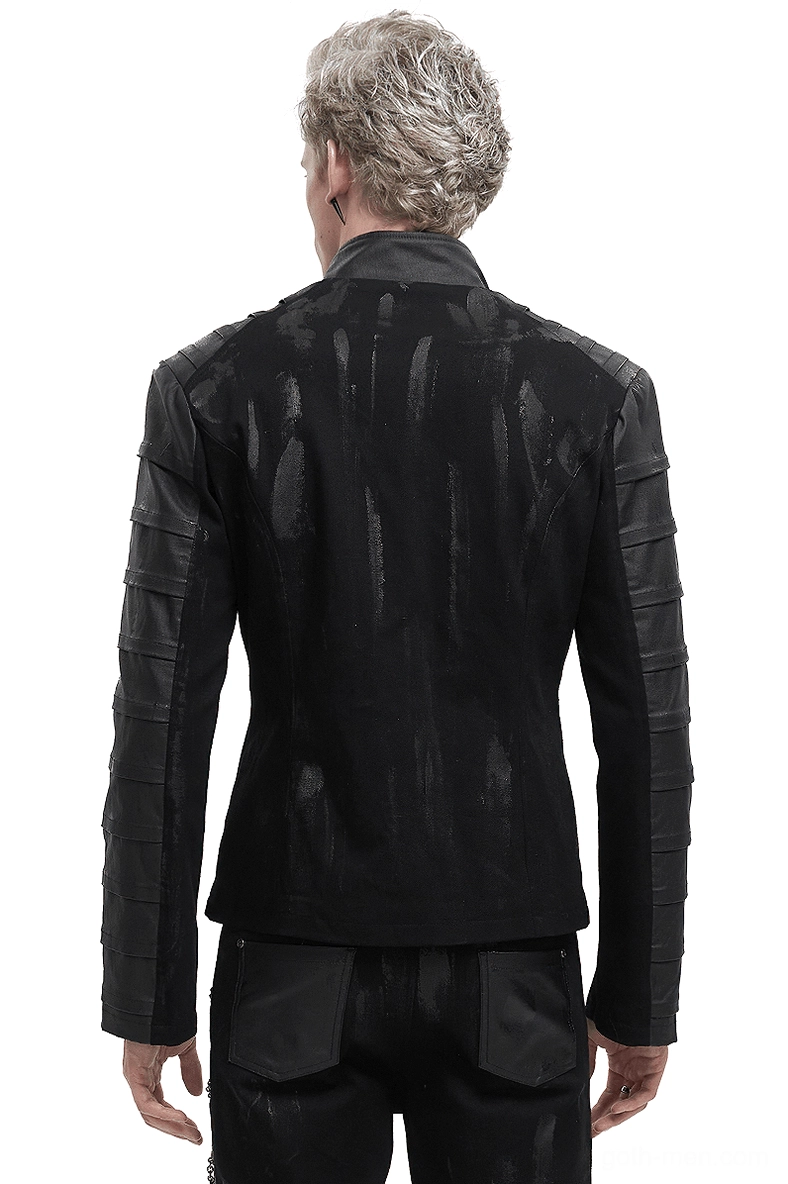 Men's gothic stand collar jacket with ragged back panel - rear full-body view on model