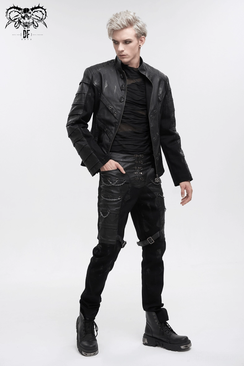 Men's gothic stand collar jacket supplementary view - coated fabric finish detail
