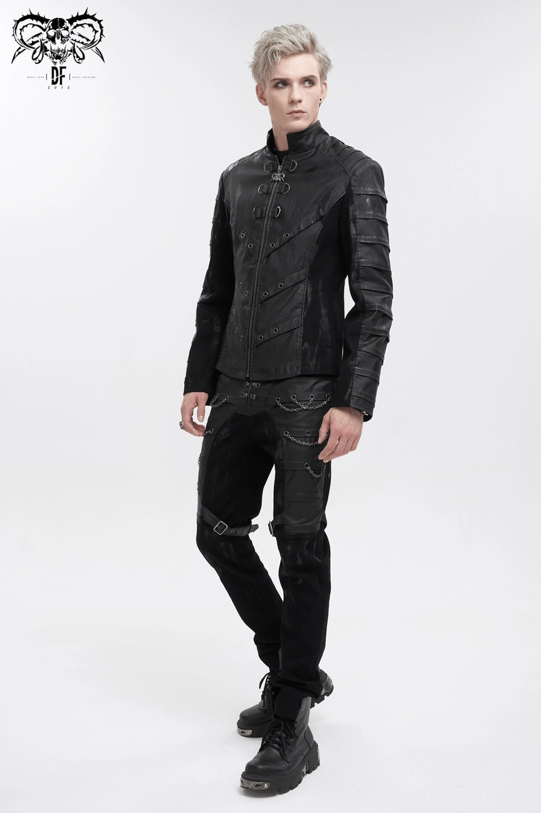 Men's gothic stand collar jacket additional detail - metal D-ring and eyelet positioning