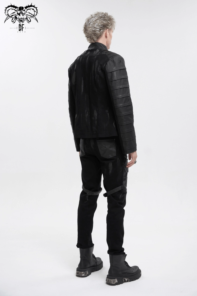 Men's gothic stand collar jacket supplementary angle - distressed design element