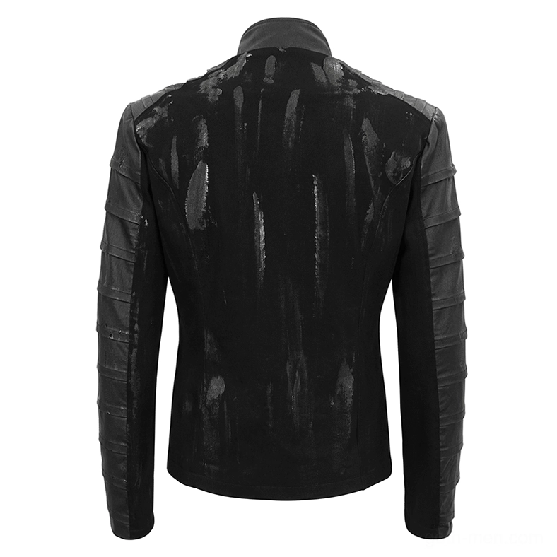 Men's gothic stand collar jacket back flat display - distressed texture and segmented sleeves