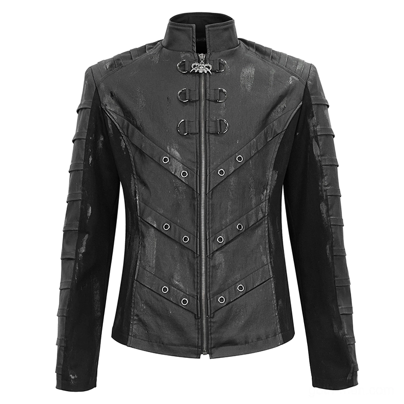 Men's gothic stand collar jacket flat display - front view showing metal eyelets and skull zipper