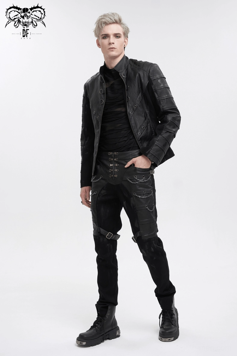 Men's gothic stand collar jacket front full-body on model - fitted silhouette showcase